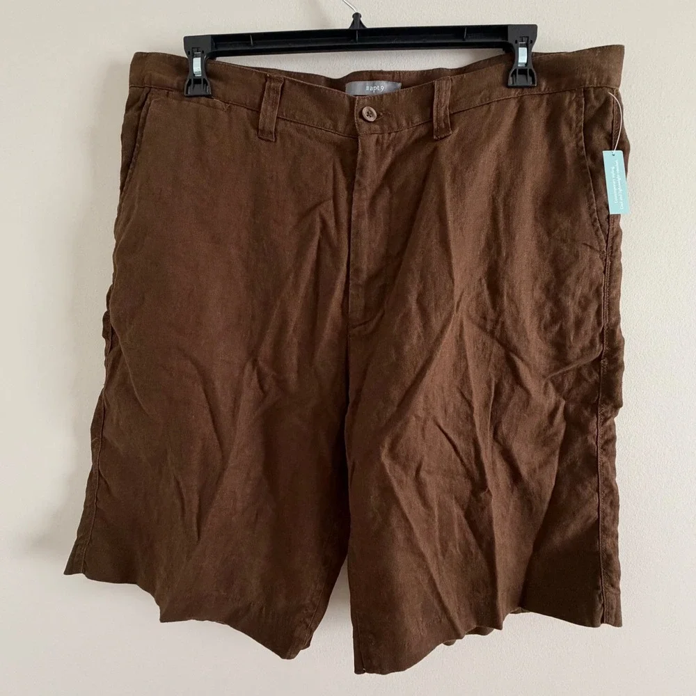 Apt 9 Mens Brown 100% Linen Flat Front Chino Shorts Size 40 NEW